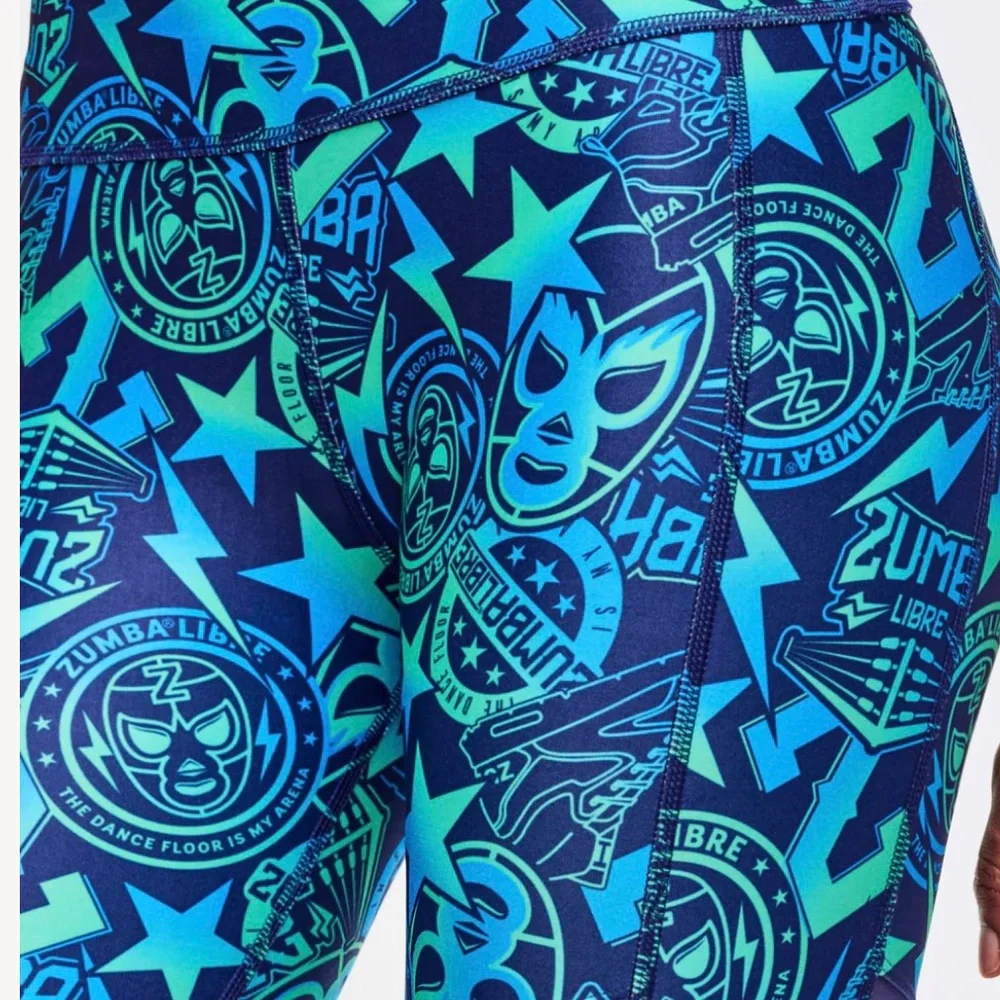 Blue Graphic Leggings with Mesh Panels - Picture 3 of 3